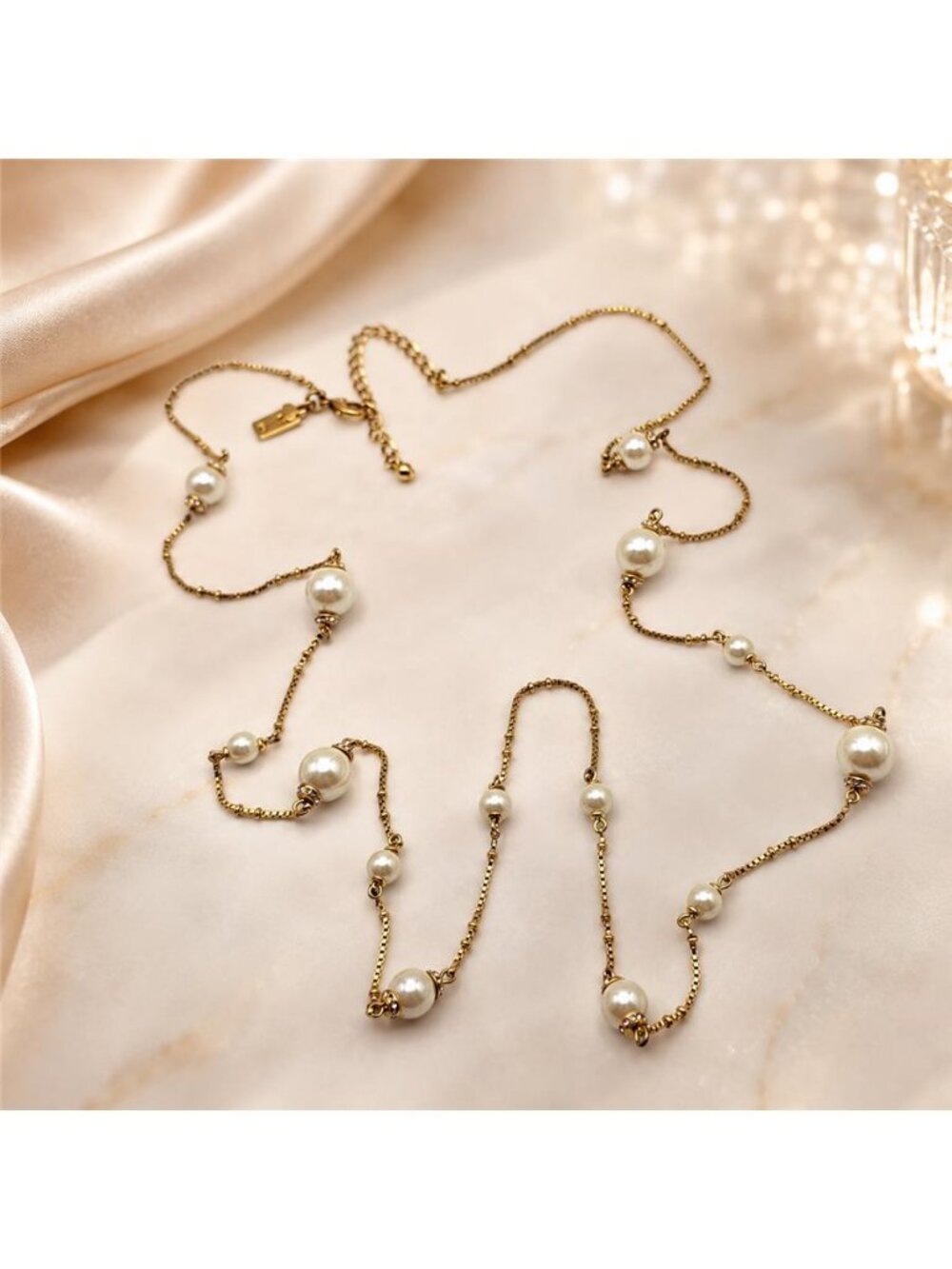Kate Spade Gold Tone Faux Pearl Pavé Station Long Necklace 37" Signed
